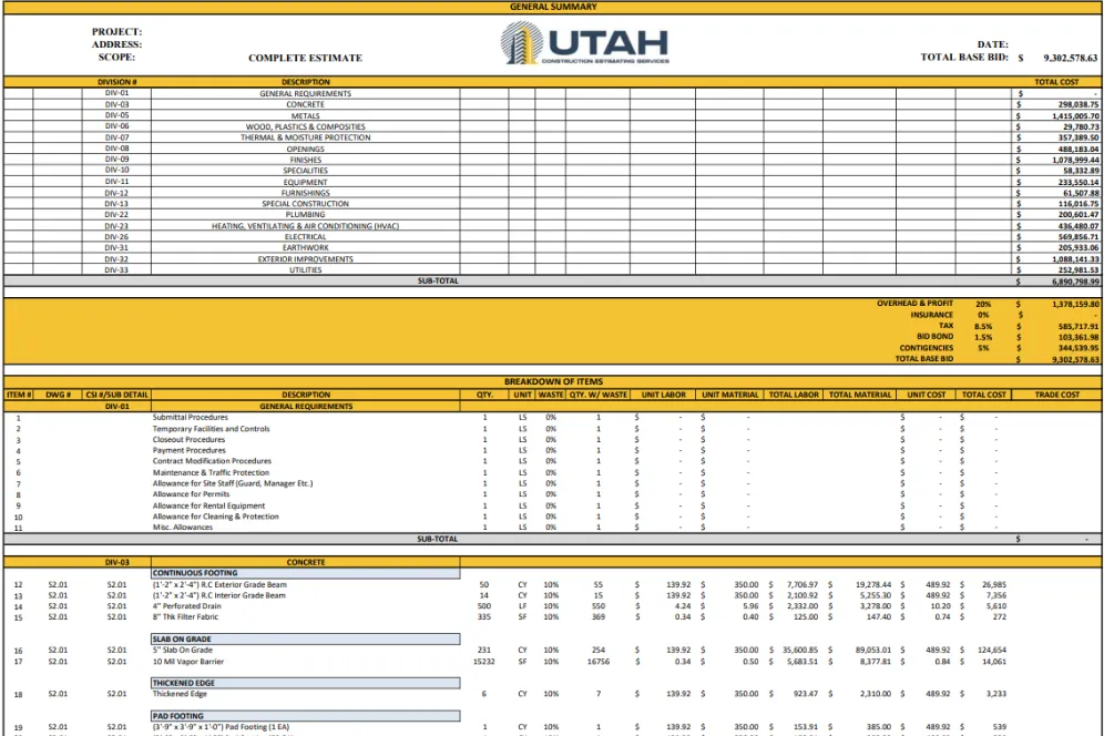 utah estimating sample image